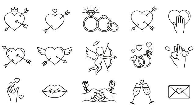Collection of romantic and love themed line icons.