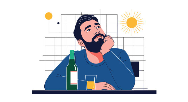 Bearded man sitting at a table with a bottle of beer and a glass, looking up thoughtfully against a gridded background.