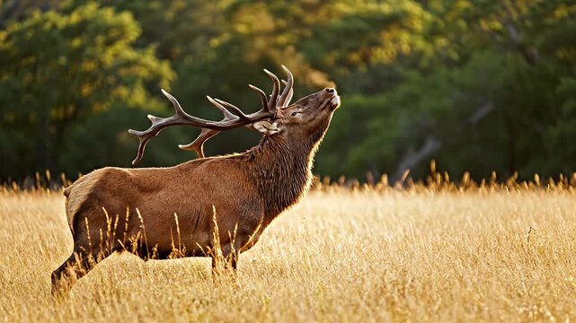 Majestic deer roaring in sunlight golden field and forest backdrop