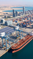 Fototapeta premium Bulk carrier docked at modern port facility with city skyline in background. Concept of global trade and maritime logistics in a desert coastal region.
