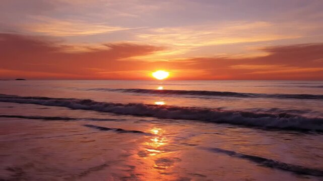A golden sun sets over a tranquil ocean at a sandy beach, casting a bright orange glow across the water and sky with gentle waves breaking on the shore under a colorful twilight horizon.