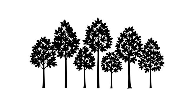 Seven black silhouette trees on white background nature landscape illustration