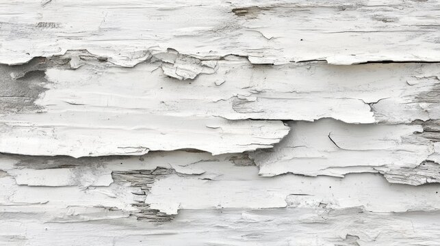 Close-up of weathered, peeling white paint on wood.