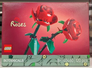 Fototapeta premium Caja con juguete Lego de rosas con tallos y hojas en una tienda Carrefour, Madrid, España, 28 de marzo de 2026