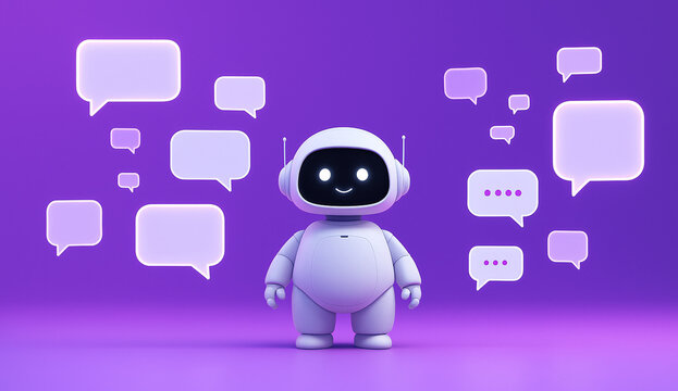 Cute 3D Robot Character with Speech Bubbles on Purple Background, Artificial Intelligence Chatbot Assistant for Customer Support and Digital Communication Concept
