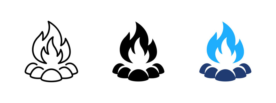 Bonfire with stones icon. Campfire and outdoor fire symbol. Burning wood, flame and heat sign. Fire pit and camping concept representing warm bonfire and open flame.