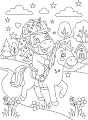 Fototapeta premium Unicorn with rider in a whimsical landscape black and white line drawing