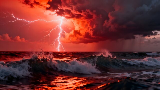 Ocean storm with lightning and red sky