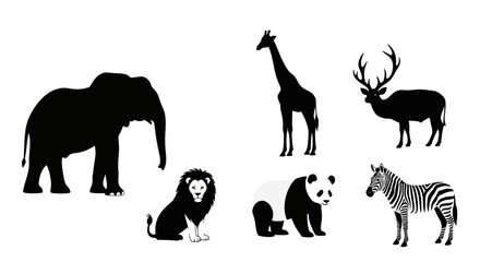 Black silhouettes of various wild animals on white background including elephant giraffe deer lion panda zebra wildlife icons © Pabitra
