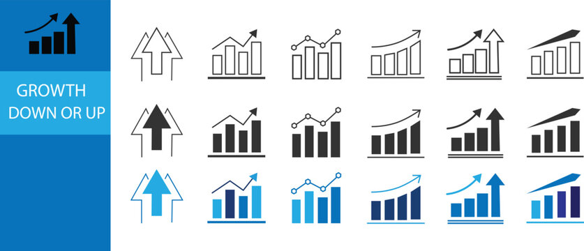 Growth icon set. Containing an arrow up, growing graph. Business success growth arrow icon vector. Growing bar graph icon. Growth vector diagram with arrow going up

