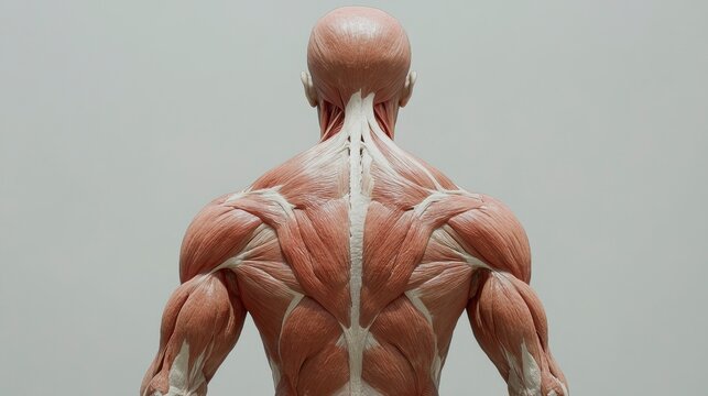 Rear view of detailed human muscular system model.