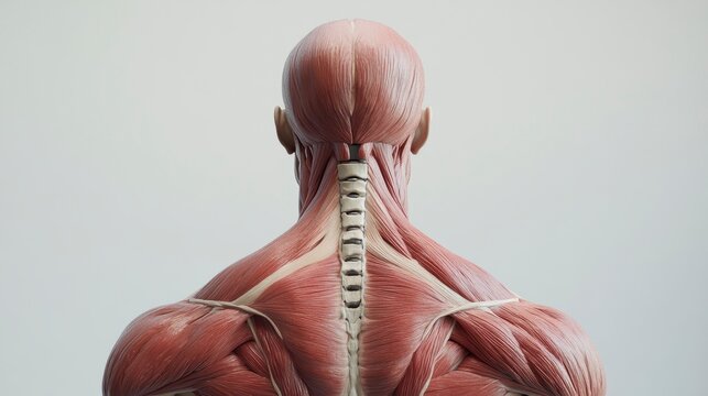 Rear view of detailed human musculature, showing back, neck, and head muscles.