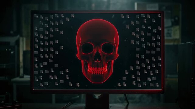 A bright skull animation shows on a screen. Surrounding images change frequently. This takes place in a room with dim lighting and technology.
