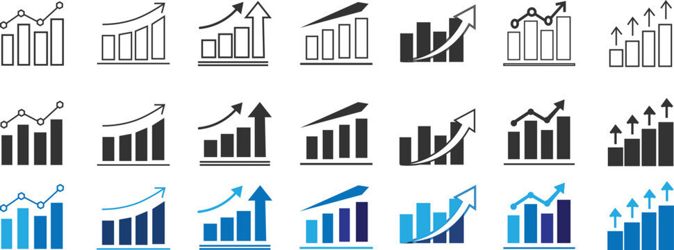 Growth icon set. Containing an arrow up, growing graph. Business success growth arrow icon vector. Growing bar graph icon. Growth vector diagram with arrow going up

