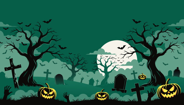Spooky Halloween background vector featuring cemetery landscape, zombie hands, tombstones, and haunted house under moonlight.