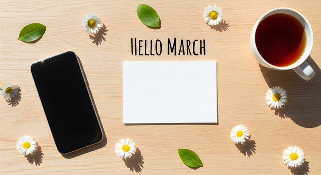 Minimalist march desktop setup with black notebook, white laptop, and coffee cup with floral accents