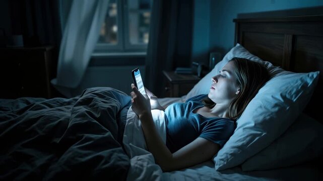 A young person is resting in bed and reading on their phone while the dark room is lit by city lights coming through the window.