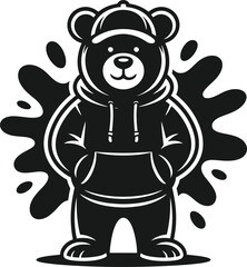 Fototapeta premium A cool teddy bear silhouette wearing a hoodie and baseball cap icon logo illustration for print isolated on white background