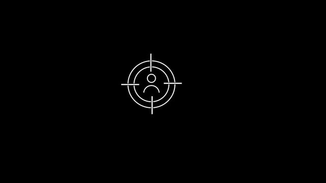 Target audience focus crosshair icon targeting person on black background, minimalist digital interface HUD element for marketing and consumer research projects.