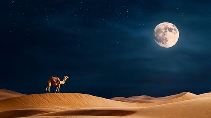 Fototapeta na wymiar Solitary Camel on Golden Desert Dunes Under a Luminous Full Moon and Starry Night Sky.
