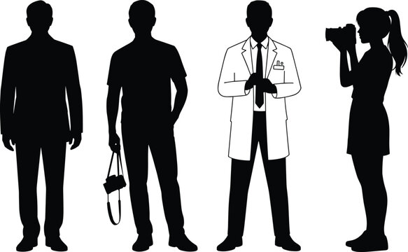 Four black silhouettes of men in business attire standing and conversing suits ties d