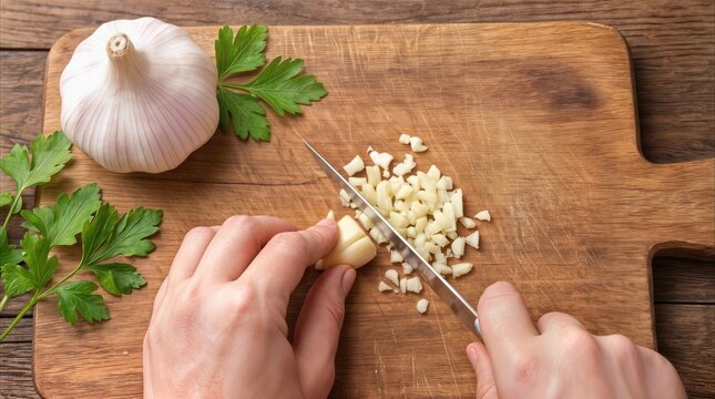 Cook mincing fresh garlic on wooden cutting board. Kitchen preparation for healthy meal with herbs and sharp knife.