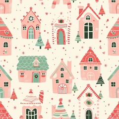 Obraz premium Cute Christmas village with pink and red houses. Tiny trees and candy cane details decorate scene. Festive pattern perfect for holiday designs. Ideal for wrapping paper, cards