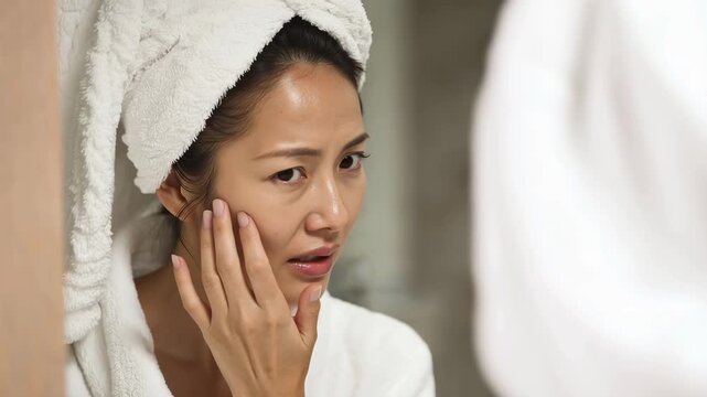 Asian woman checking facial skin in mirror after shower with skincare concern