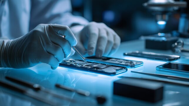 Hands carefully manipulate electronic components under cool blue light. Workbench holds tools and circuit boards, gleaming under focused illumination. Technician's focus is intense, yet calm
