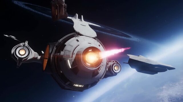 Spaceship futuristic with glowing engine flying in space with other spacecraft featuring sci-fi, starship, technology with interstellar and cosmic