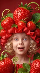 Obraz premium Strawberry themed whimsical hat worn by a surprised little girl. Surreal portrait of a child with giant fruit and green leaves against a red background.
