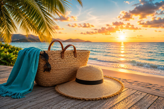 Tropical beach accessories at sunset