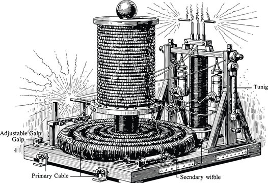 Vintage Tesla Coil Engraving Illustration, Historical Electrical Engineering Diagram, Antique Scientific Invention Line Art Vector Design