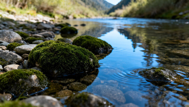 Clear mountain stream flowing over moss-covered rocks in a forested valley