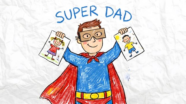 Child's drawing on a white crumpled paper background showing a dad in a superhero suit holding up two portraits of his children