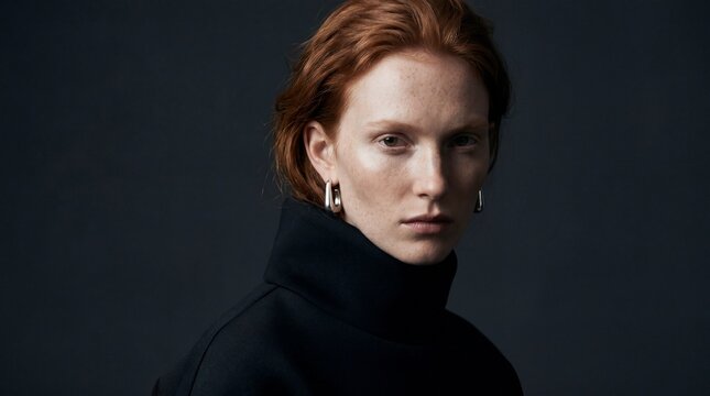 Intense high fashion close portrait of redhead model with statement earrings for beauty editorial and campaign use