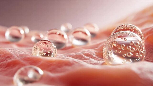 Hydrating serum bubbles on skin surface with soft pink skincare texture