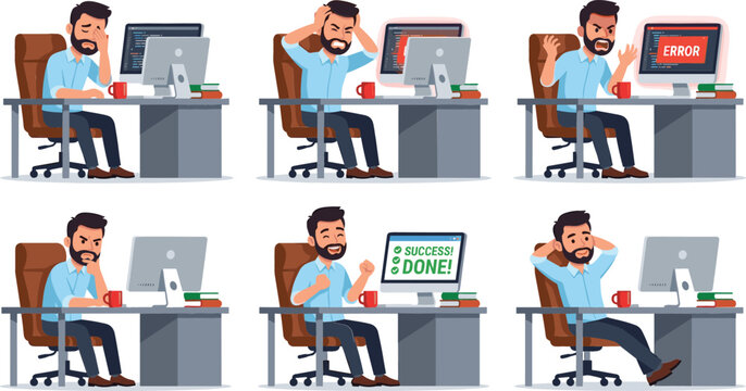 Office worker daily mood stages flat cartoon collection with male engineer experiencing computer crash, stress, tiredness, success and business project completion.