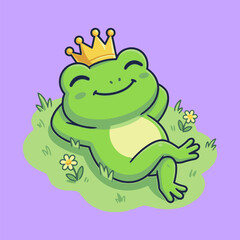 Fototapeta premium Relaxed king frog wearing a golden crown lounging on green grass surrounded by flowers in a whimsical cartoon style illustration with a purple background