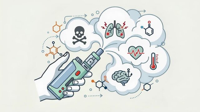 Illustrations show how toxic substances affect the brain and lungs while highlighting related dangers and scientific aspects of health.