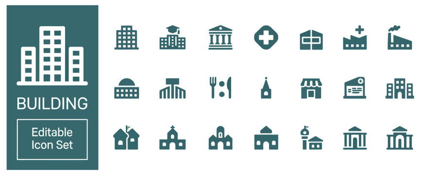 Editable icon set showcasing different building styles, from residential homes to public institutions.