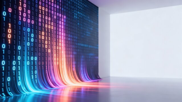Colorful binary code wall in empty room