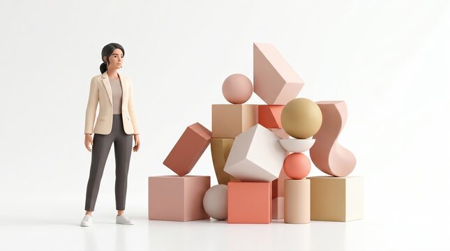 Business woman standing next to a stack of abstract geometric shapes.