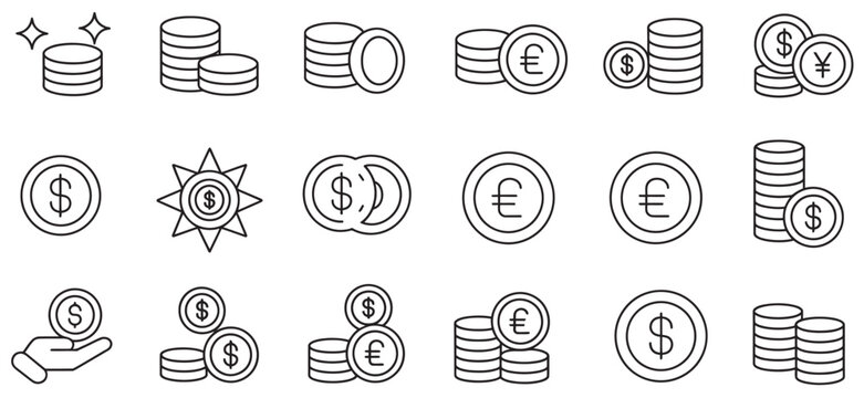 Various coin icons representing different currencies and financial value, including dollar.