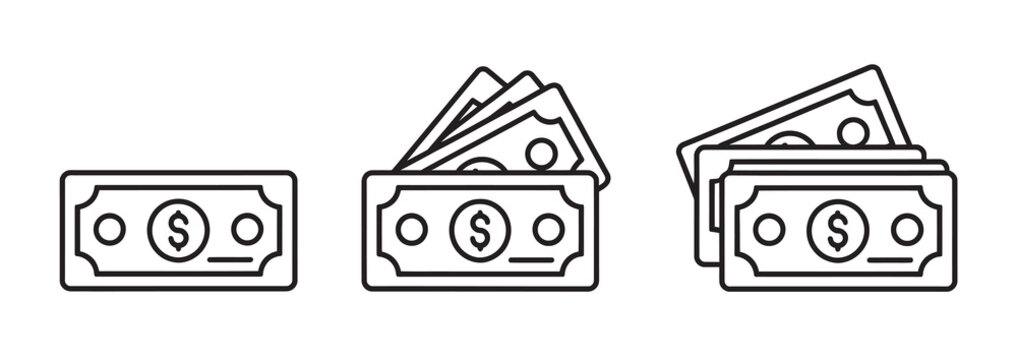 Set of simple line icons representing dollar bills in different arrangements on white background.