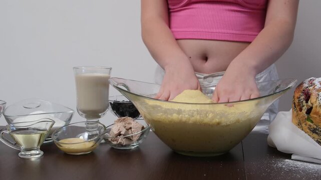 step by step recipe Christmas Easter bread Panettone krafin preparing soft layered Easter cruffin dough dried fruits, orange zest, poppy seeds and butter during homemade sweet bread baking process
