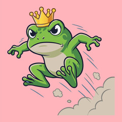 Fototapeta premium Jumping king frog wearing a golden crown in a dynamic action pose, cartoon illustration on pink background, playful fantasy concept from front viewpoint