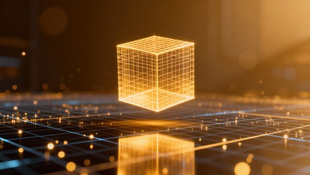 Golden wireframe cube on grid surface