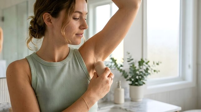 Young Caucasian woman applying natural deodorant stick to her underarm in a bright, modern bathroom. Concept of morning hygiene, eco-friendly body care, and daily wellness routine at home
