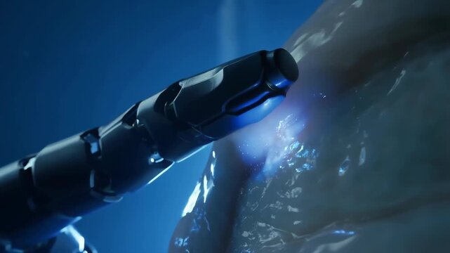 Knife robotic closeup with water droplets and blue lighting featuring futuristic, high-tech, sharp blade with metallic and reflective elements for